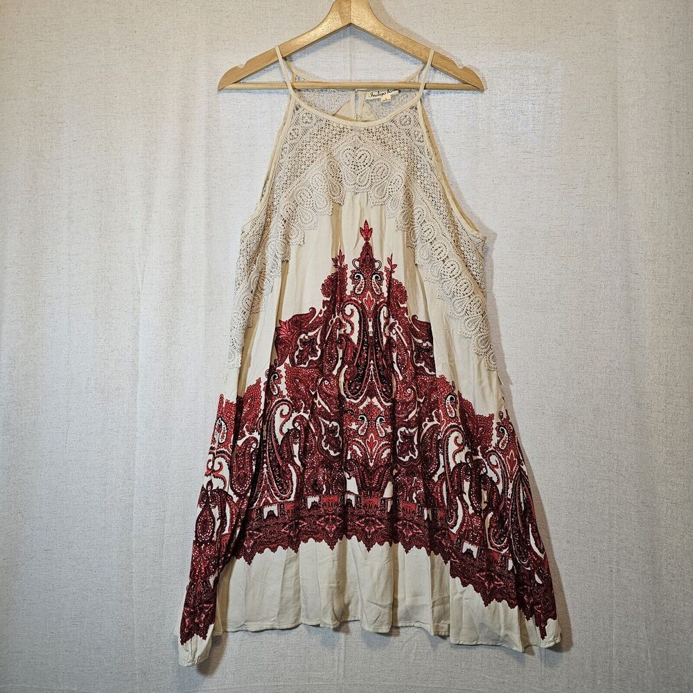 Indigo Rose Intimately Ivory Red Combo Shea Print Crochet Swing Slip Dress Sz L